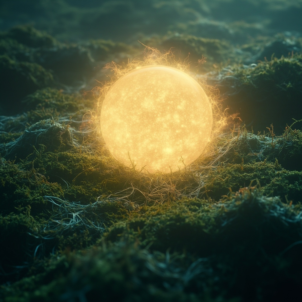 A serene, abstract representation of a glowing light core slowly recharging within a soft, natural landscape, symbolizing deep cellular rest and renewal.