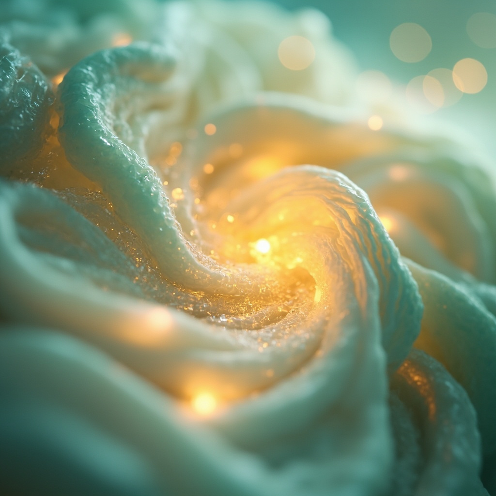 A soft, calming, and abstract representation of human gut health, featuring glowing, harmonious light waves flowing through a gentle, organic structure, symbolizing the restoration of balance and resonance.