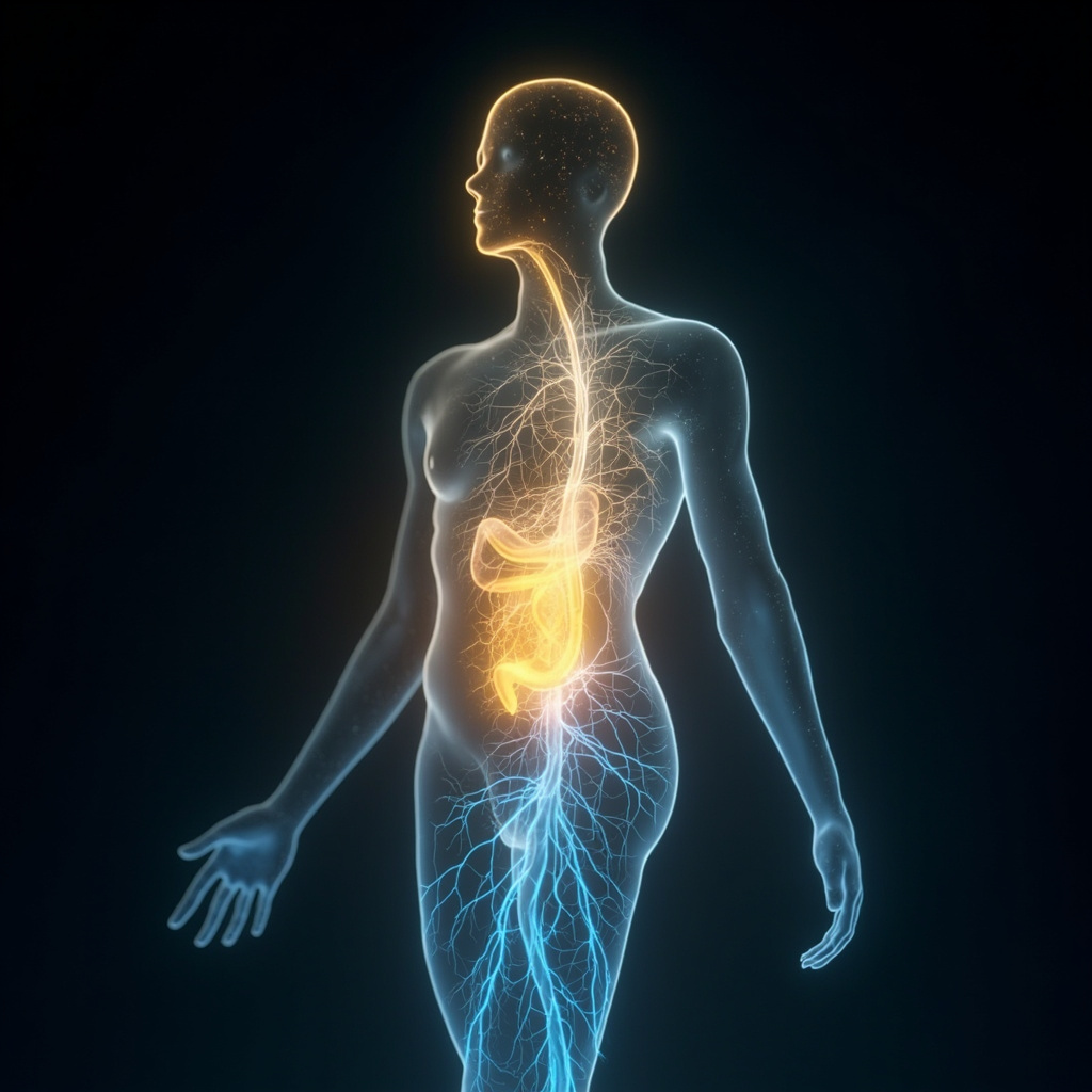 A serene, abstract digital representation of a human silhouette with soft, glowing golden and blue light patterns flowing through the gut and nervous system, symbolizing balance and harmony.