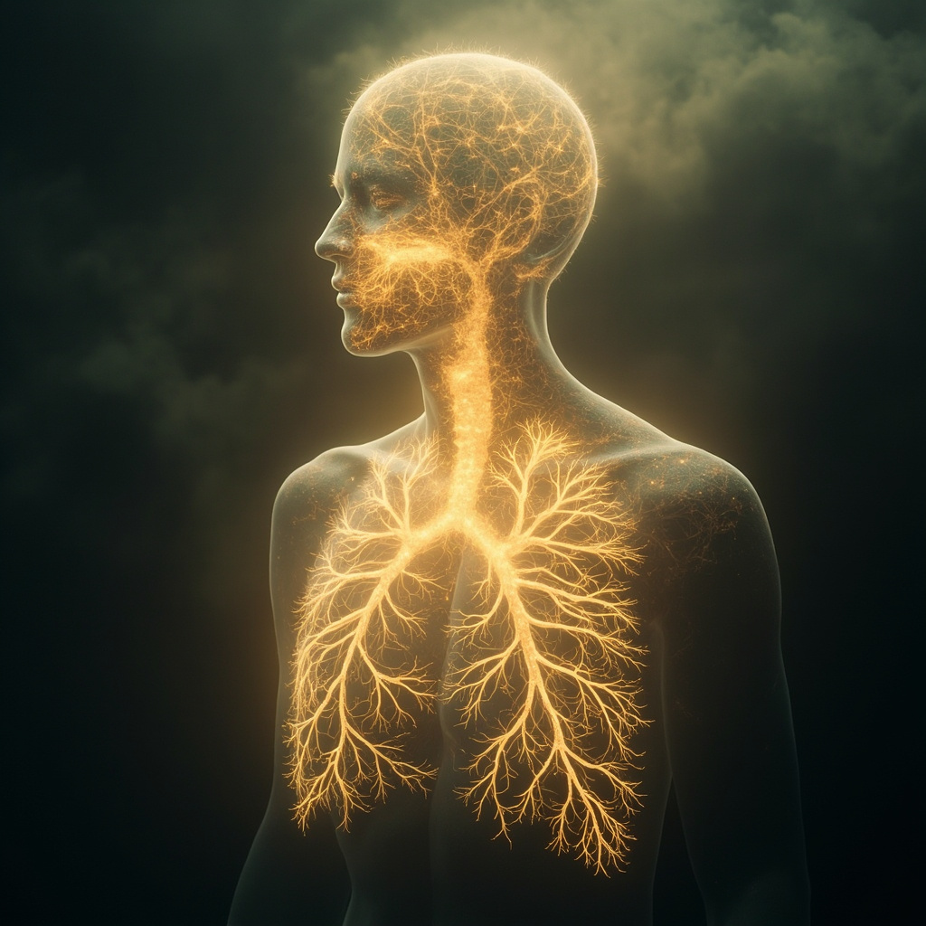 A serene, abstract artistic representation of light-filled, tree-like bronchial structures branching out within a human silhouette, symbolizing the connection between breath, space, and vitality.