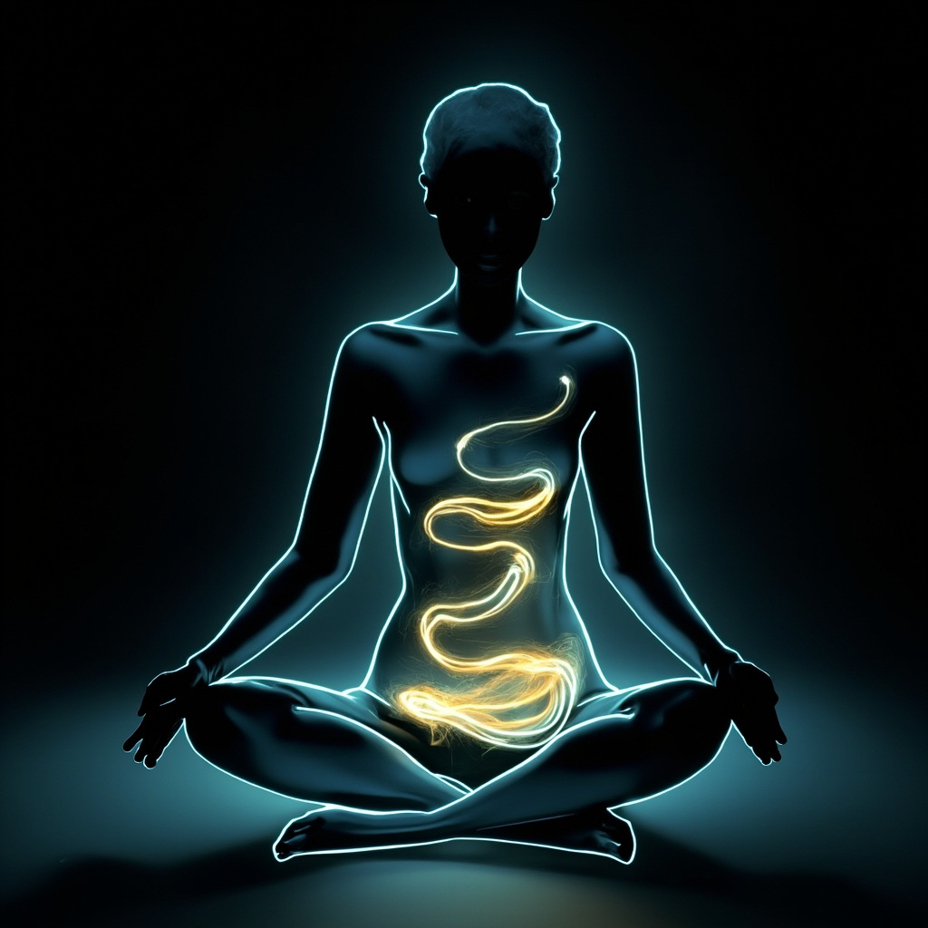 A serene, abstract representation of flowing light and soft, harmonious waves moving through a human silhouette, symbolizing internal balance and tranquility.