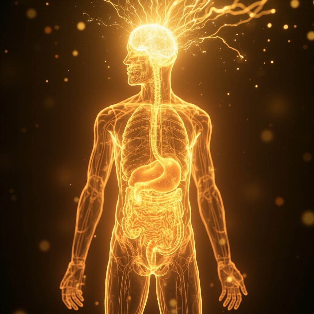 A serene, abstract representation of the human digestive system glowing with soft, golden electrical light, transitioning into a clear, bright mind, high resolution, soft focus background.