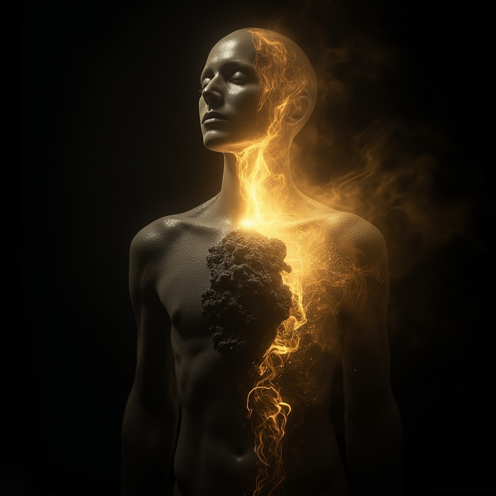 A serene, abstract representation of a glowing energy flow moving through a human torso, transitioning from a knotted, dark center to a bright, harmonious golden light.