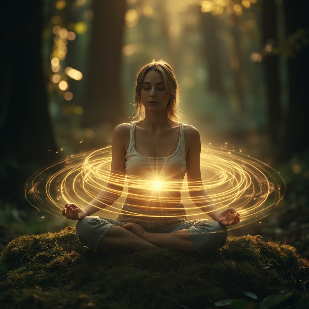 A high-quality, calming image of a person sitting peacefully in nature, with soft, glowing lines representing a balanced energy flow around the abdominal area.