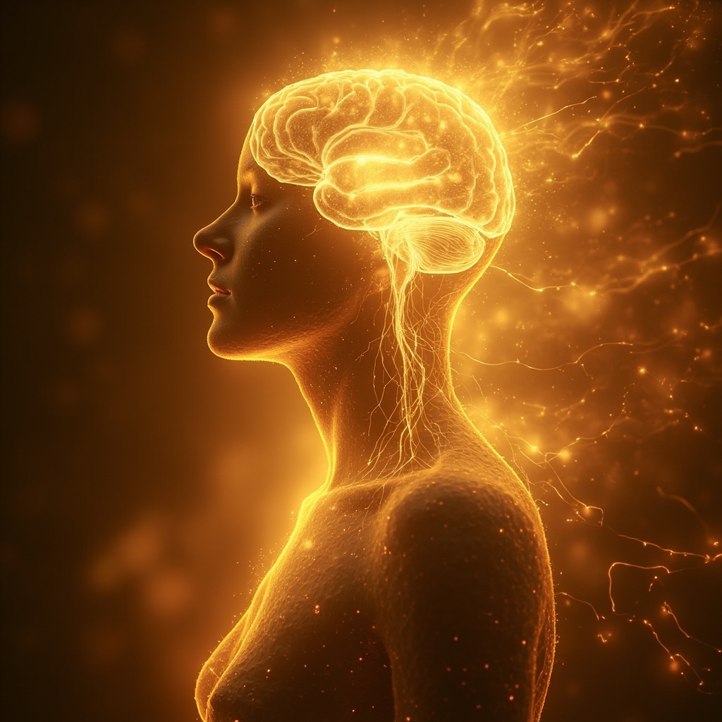 A soft, ethereal image showing a glowing, abstract connection between the brain and the body, representing regeneration and growth, with warm, golden light tones.