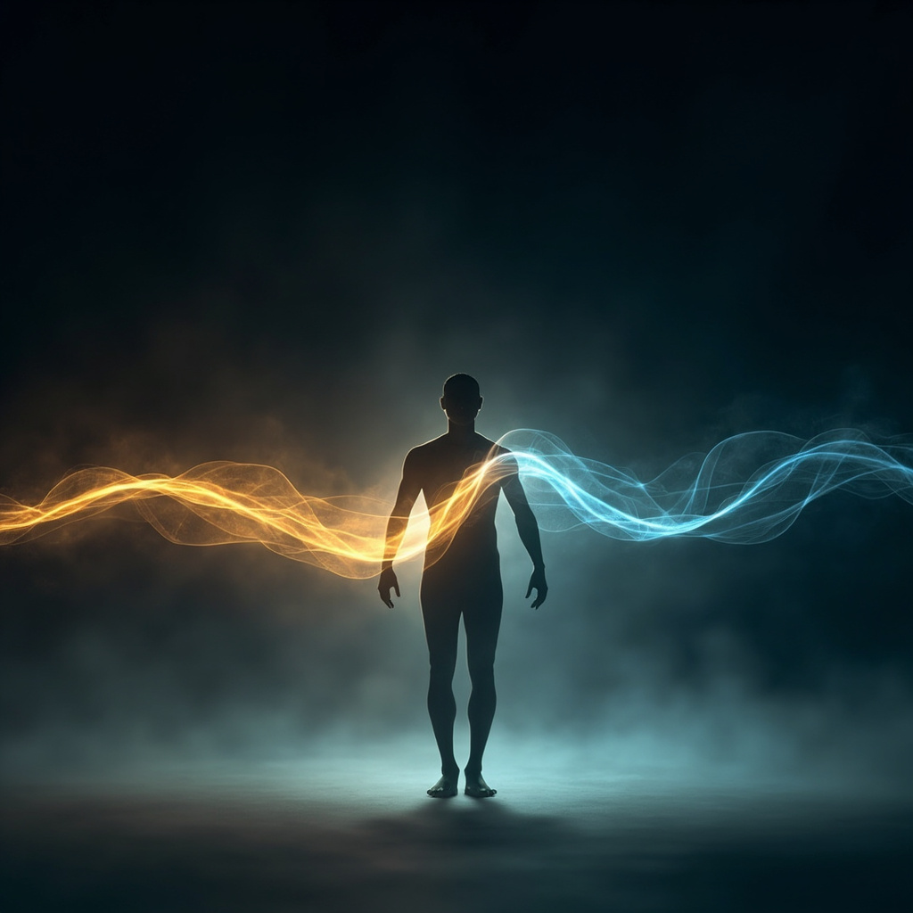 A serene, abstract digital art piece showing a glowing, rhythmic wave of soft golden and blue light flowing through a human silhouette, representing gut-brain harmony and internal calm.
