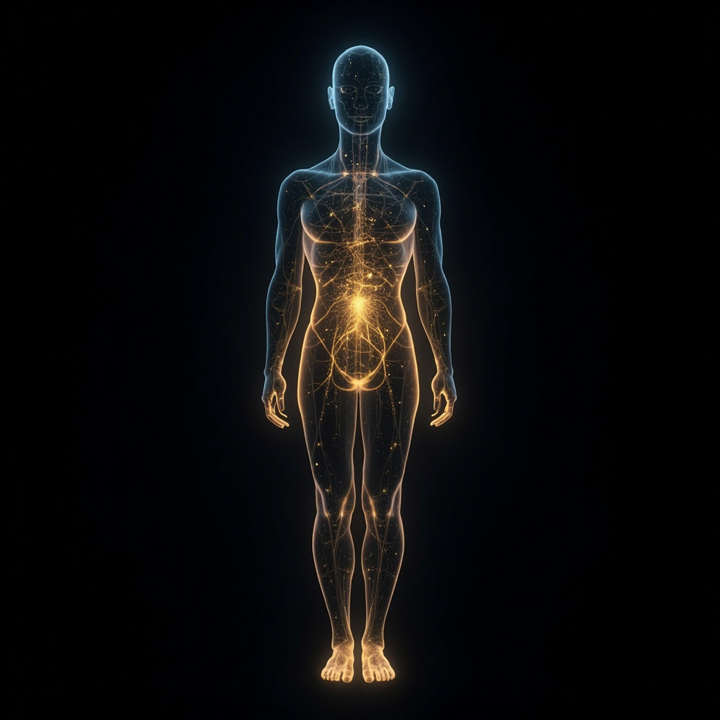 A high-quality, serene image of a glowing, abstract light structure inside a silhouette of a human body, representing inner energy and metabolic balance.