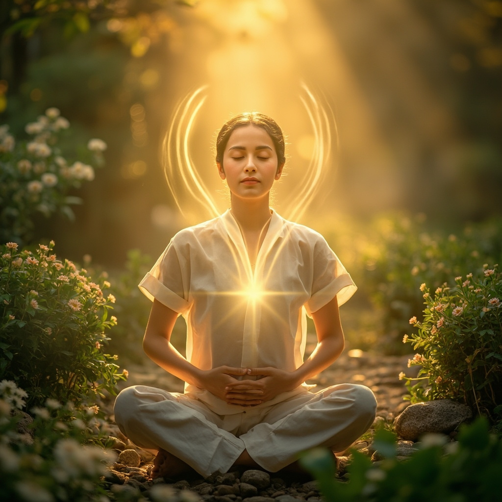 A high-quality, soothing image of a person sitting in a peaceful garden, hands resting gently on their stomach, with soft golden light representing inner flow and balance.