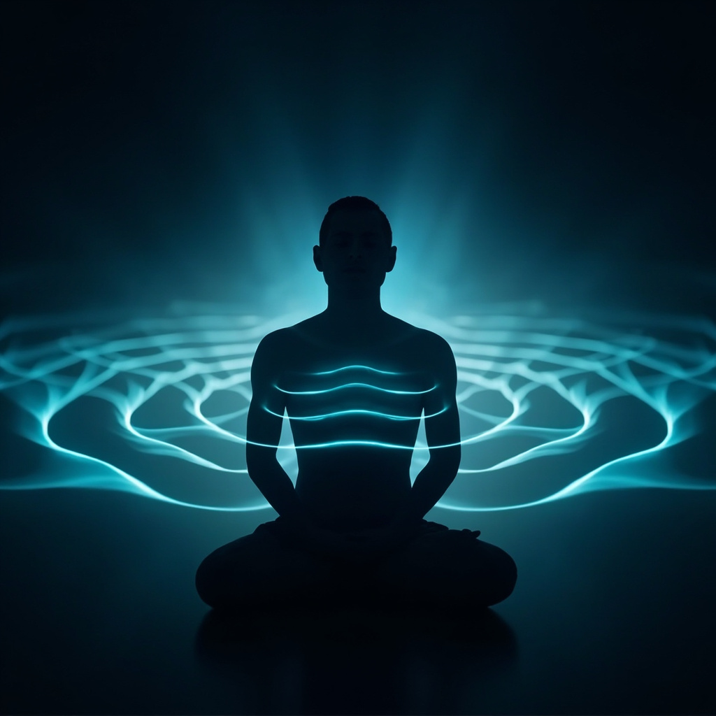 A high-quality, calming image of a glowing, symmetrical wave pattern over a human silhouette, representing nervous system balance and harmony.
