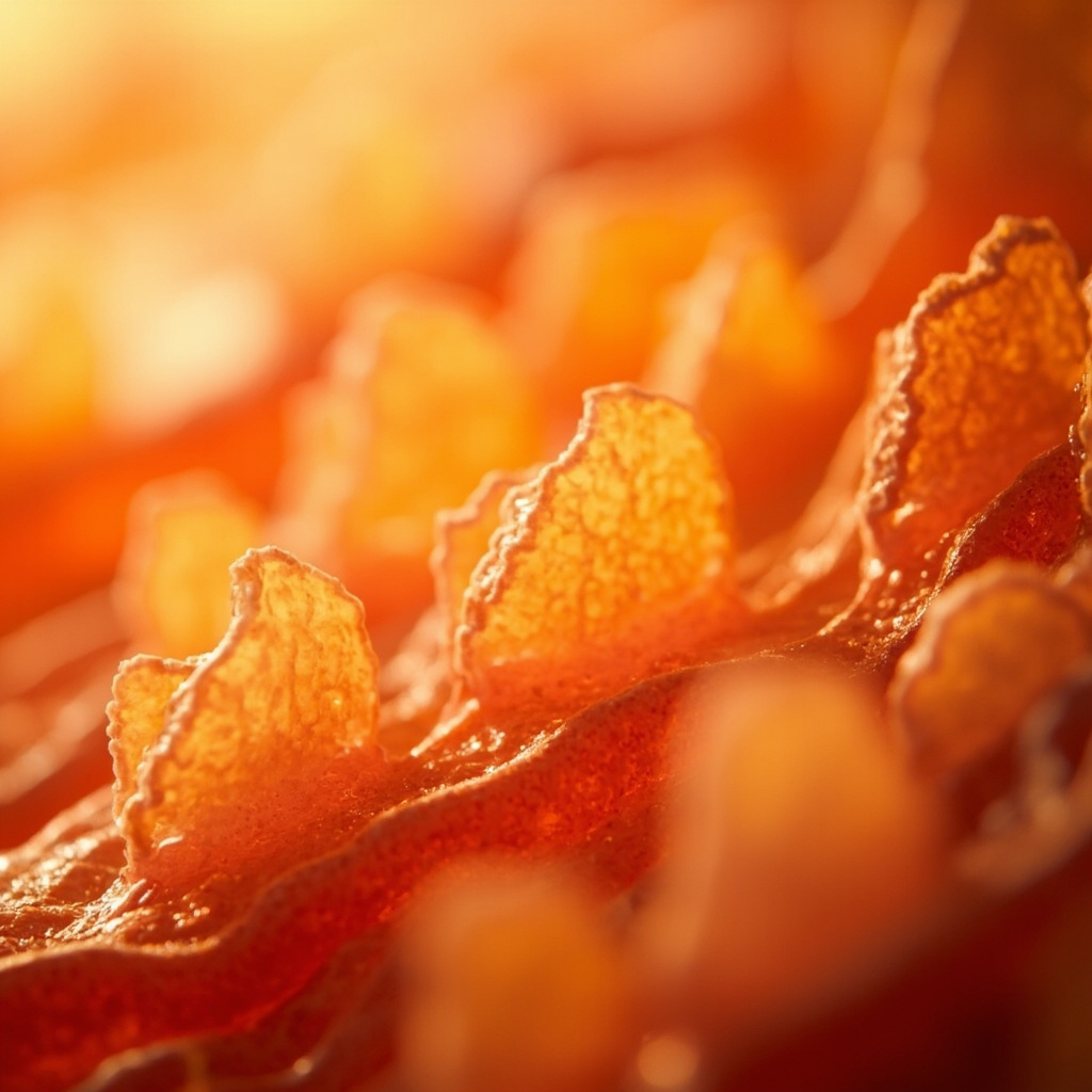 A high-quality, soft-focus macro photograph of a healthy, glowing intestinal lining with golden, warm light, symbolizing protection, nourishment, and biological harmony.
