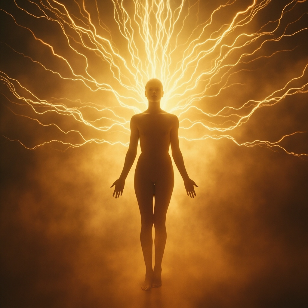 A soft-focus, ethereal image of a human silhouette with glowing, harmonious light pathways radiating from the center, symbolizing internal balance and electrical coherence.