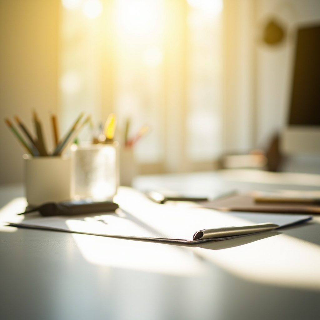 A high-quality, professional photograph of a calm, organized workspace with soft natural lighting, symbolizing clarity and focus, transitioning from a blurred background to a sharp, clear foreground.