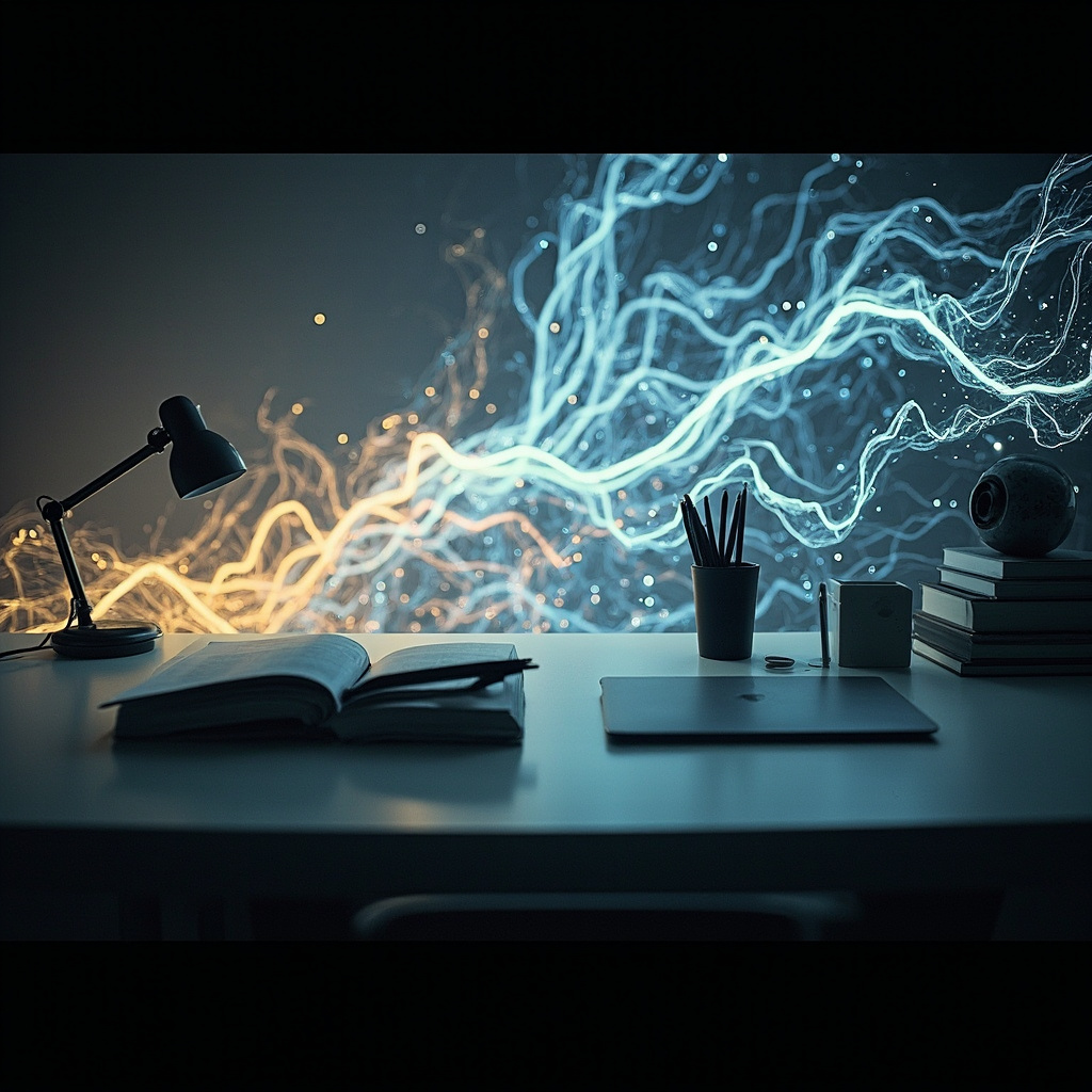 A calm, organized workspace transitioning into a glowing, ethereal network of light patterns representing electrical harmony.