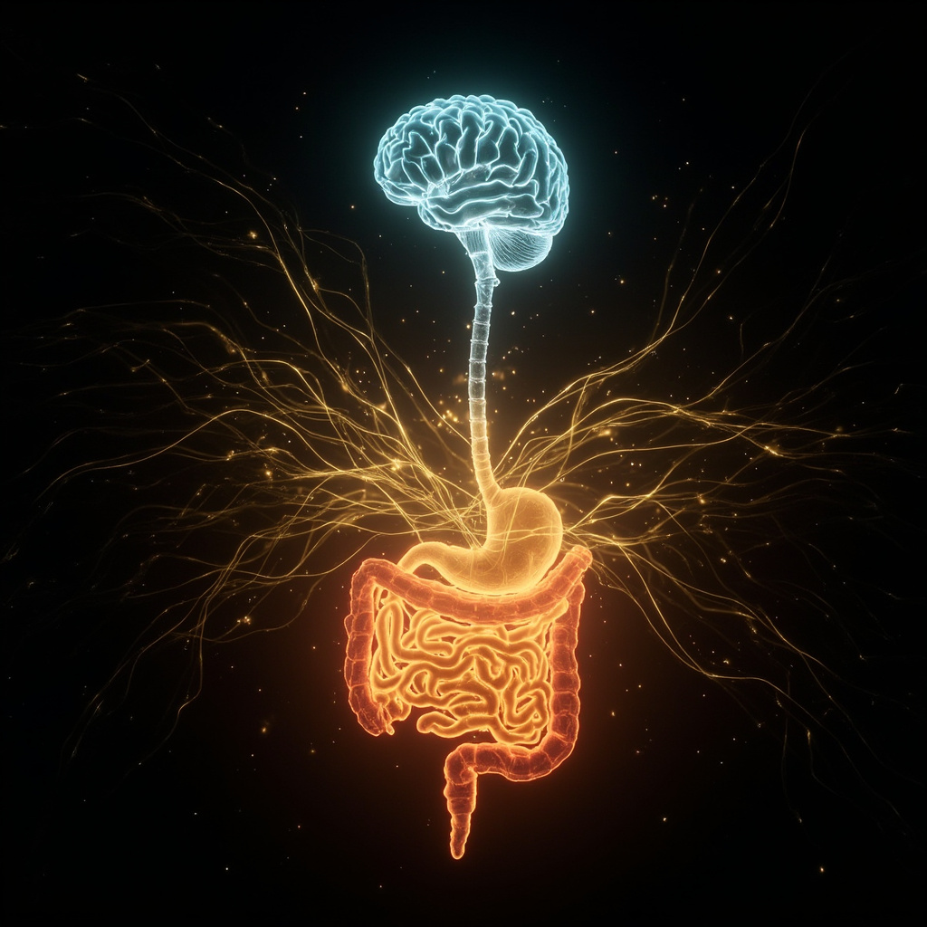 A serene, abstract visualization showing a glowing, vibrant digestive system connected to a calm, clear mind through light-filled neural pathways.