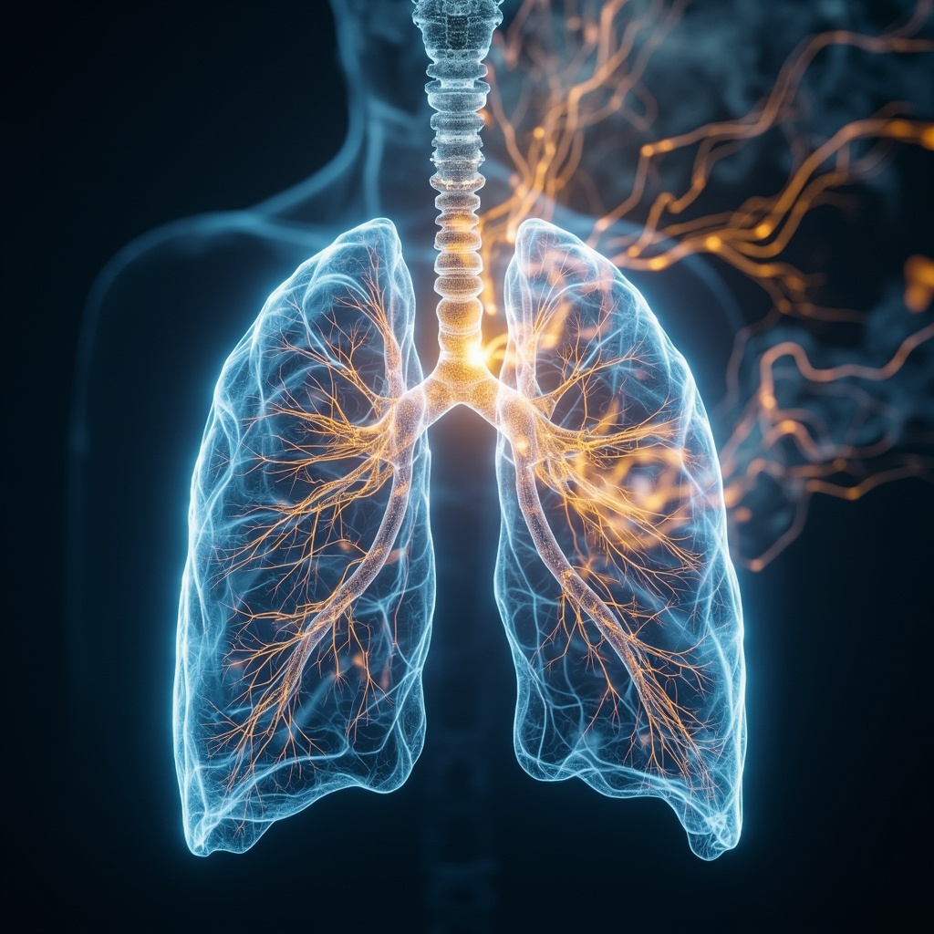 A serene, abstract visualization of light frequencies harmonizing with the delicate, branching structure of human lung tissue, soft blue and golden tones.