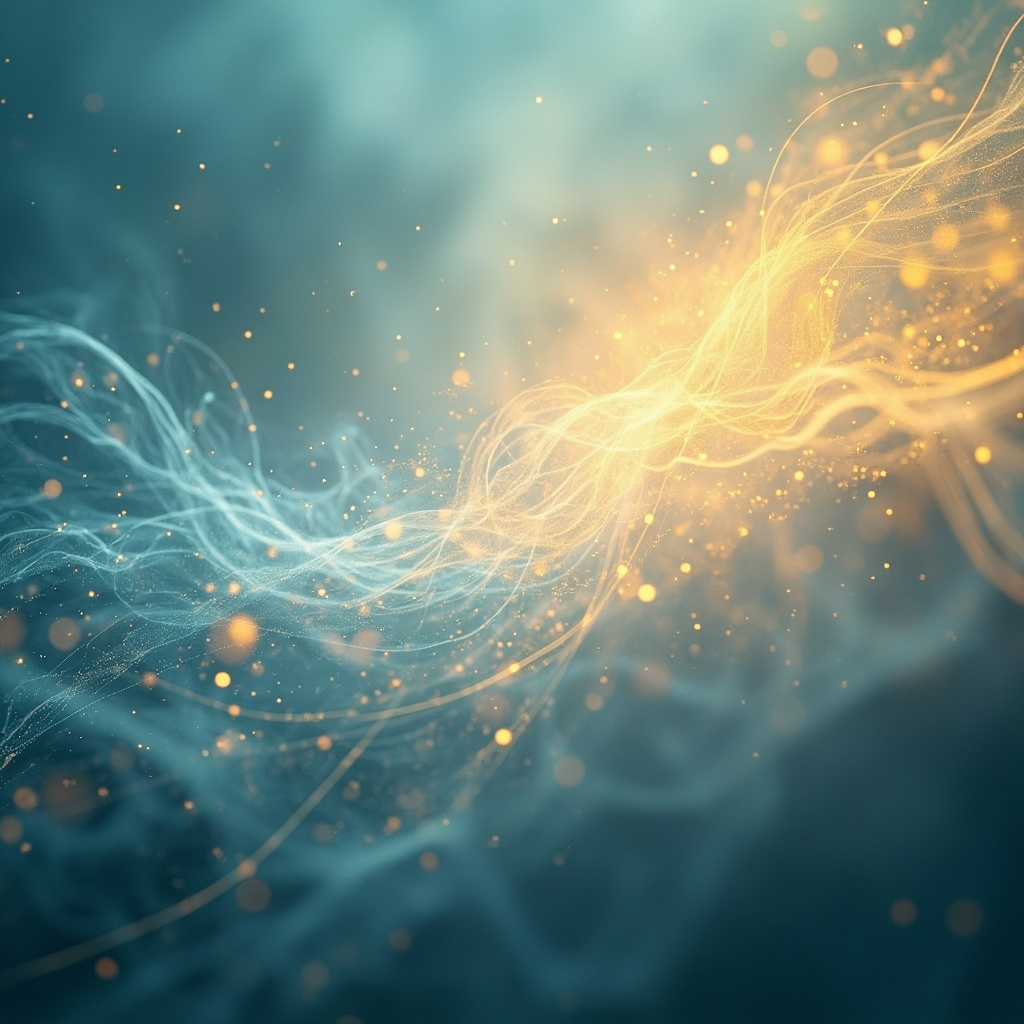 A serene, abstract visualization of human energy fields and light frequencies, soft blue and gold tones, cinematic lighting, high resolution, minimalist style