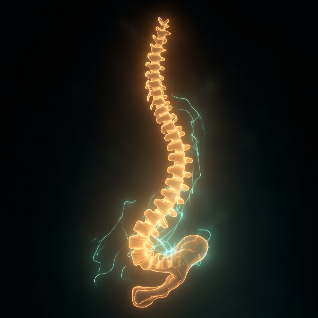A serene, abstract visualization of the human spine glowing with soft, harmonious light, connecting to the digestive area with gentle, flowing energy lines.