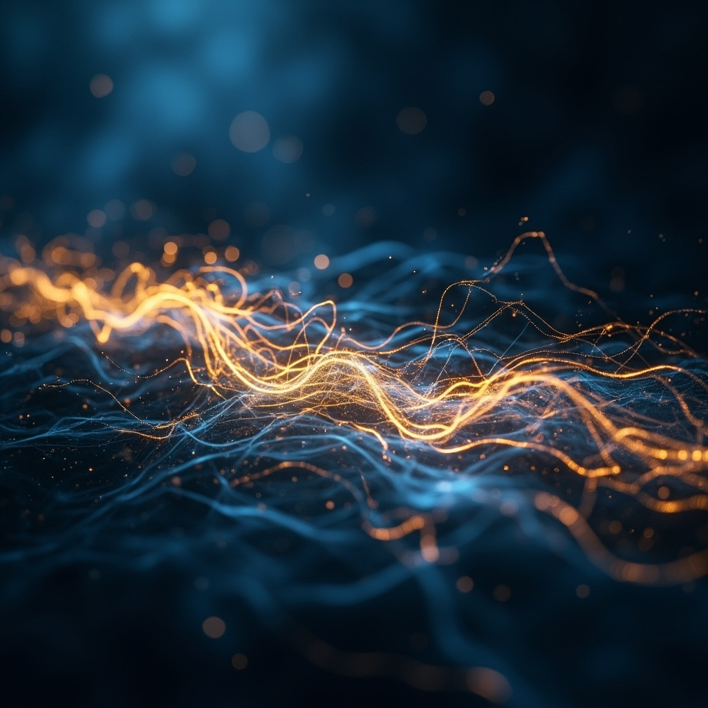 A serene, abstract visualization of a glowing, calm nervous system network integrated with soft, rhythmic digestive flow patterns, in soothing shades of deep blue and soft gold.