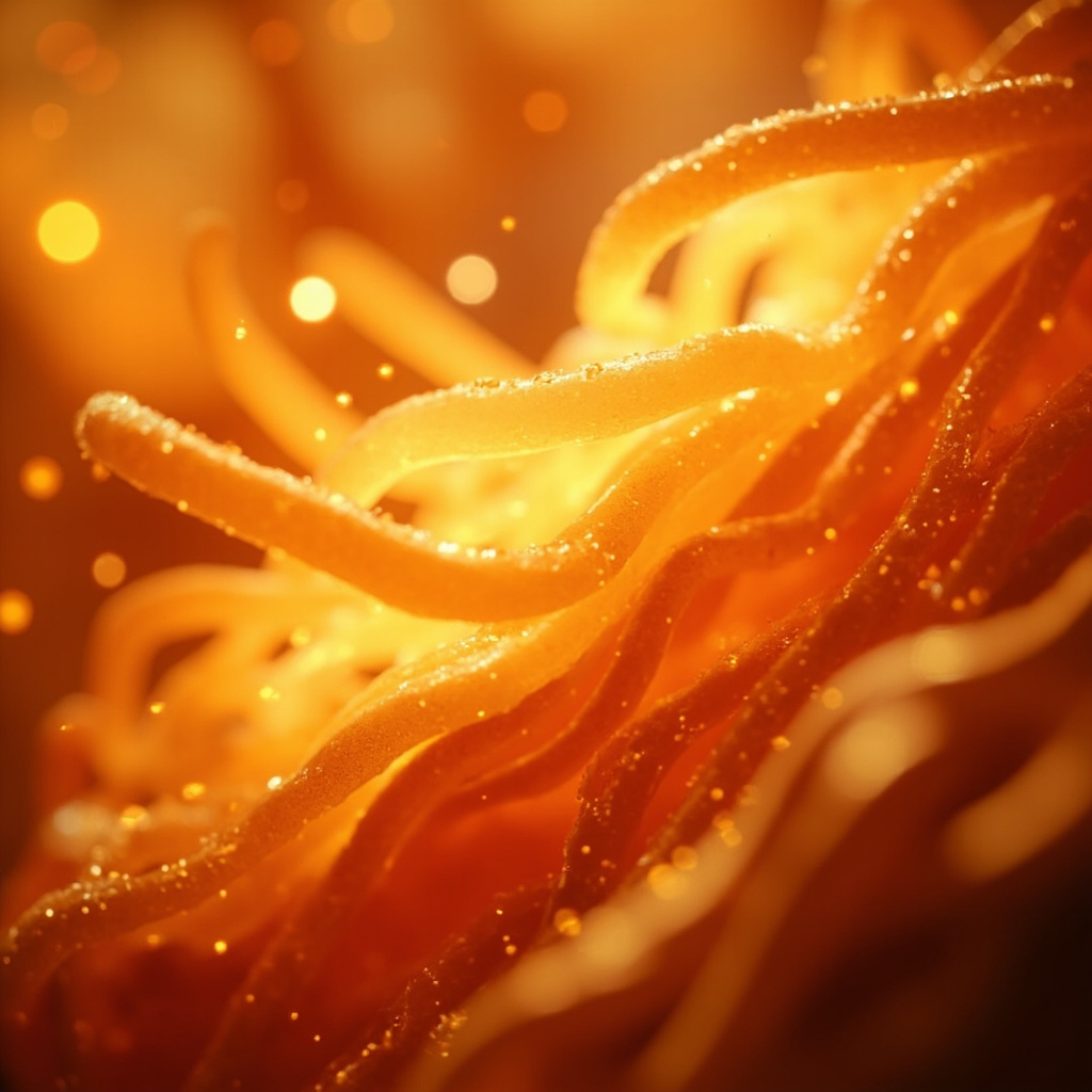 A microscopic, artistic visualization of healthy, vibrant intestinal villi glowing with soft, golden light, symbolizing energy and nutrient absorption.