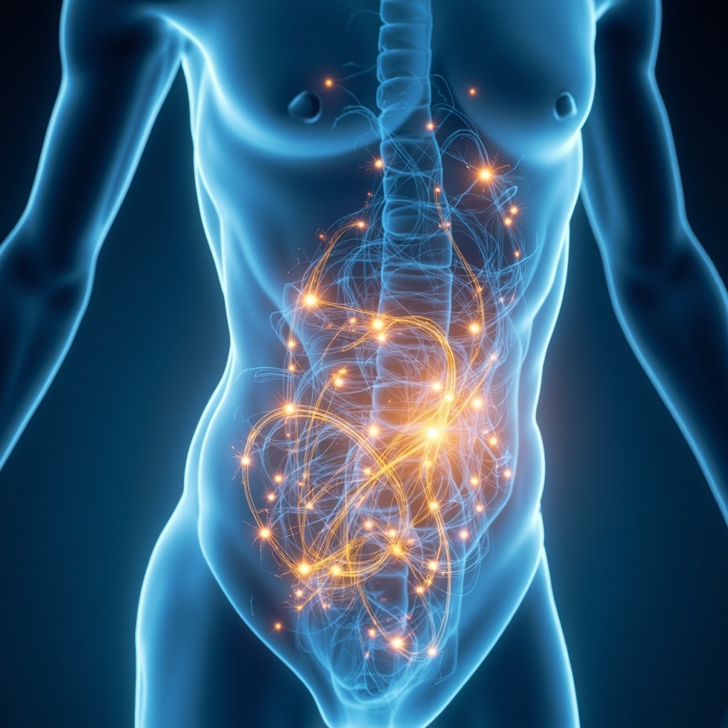 A serene, abstract visualization of glowing, flowing energy pathways within the human abdominal area, soft blue and warm gold tones, professional wellness aesthetic.