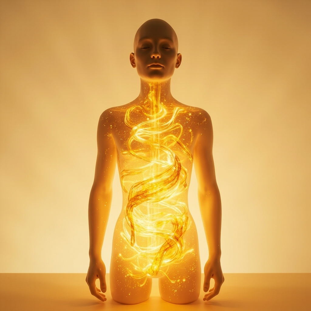 A serene, abstract visualization of flowing, golden light patterns moving through a human silhouette, symbolizing internal digestive harmony and calm energy, professional and clean style.