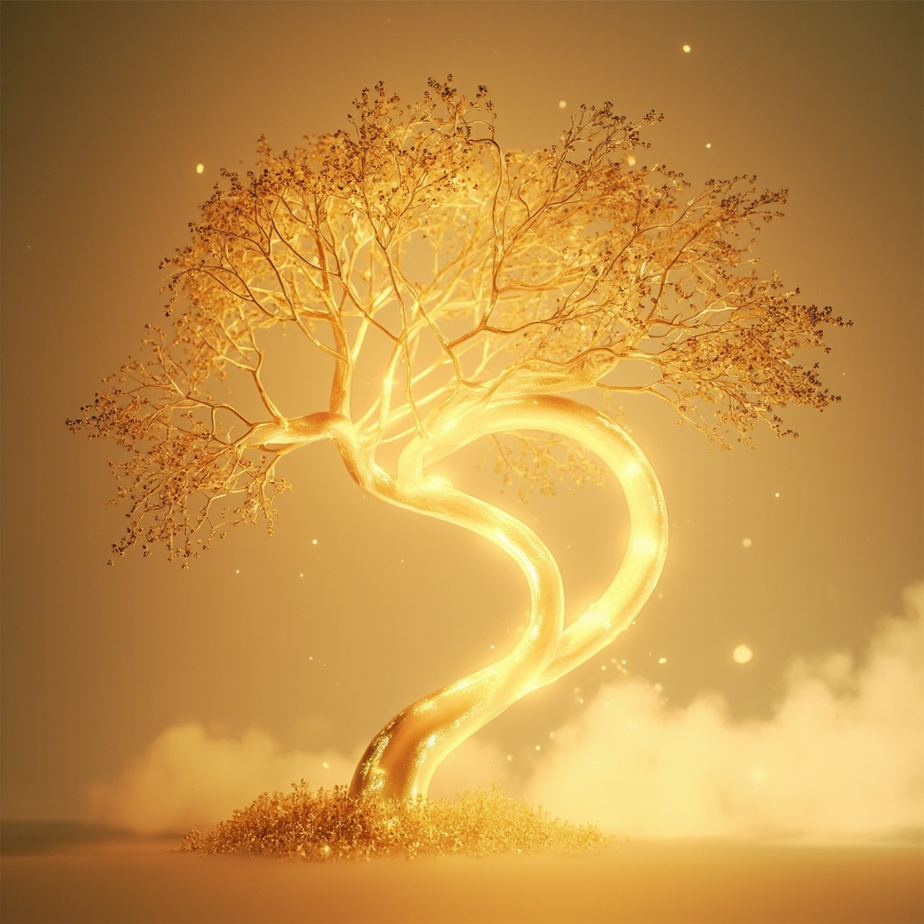 A serene, abstract visualization showing a glowing, rhythmic flow of light moving through a golden, tree-like structure representing the bile ducts, set against a soft, calming background.