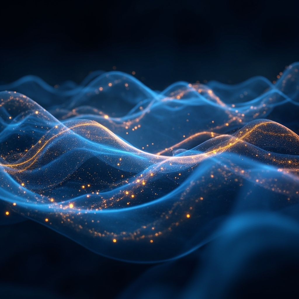 A calm, abstract visualization of glowing, rhythmic wave patterns in soft blue and gold tones, representing the subtle electrical harmony of the nervous system.