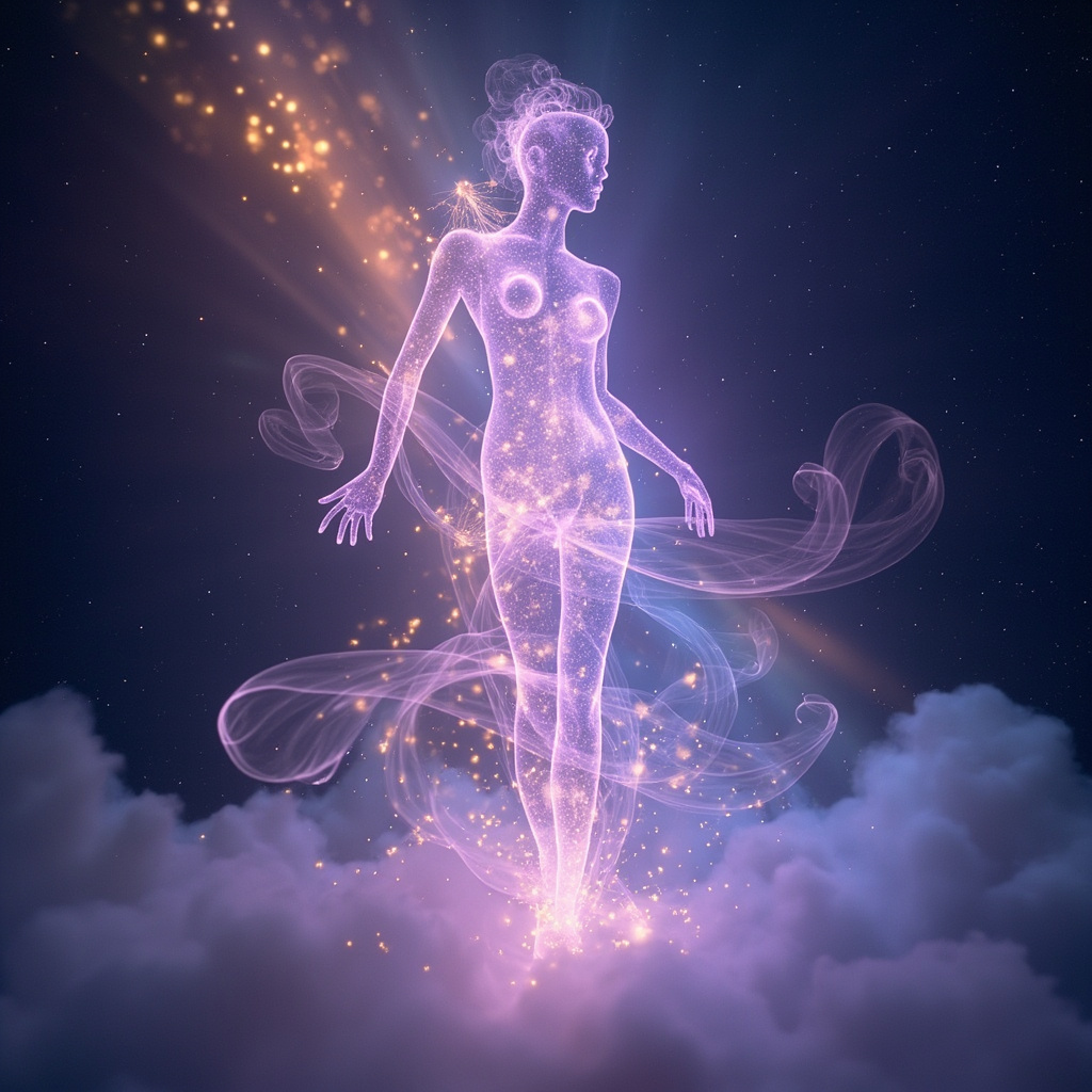 A calming, abstract visualization representing the delicate balance of the gut microbiome, with soft blue and green light frequencies flowing through a human silhouette.