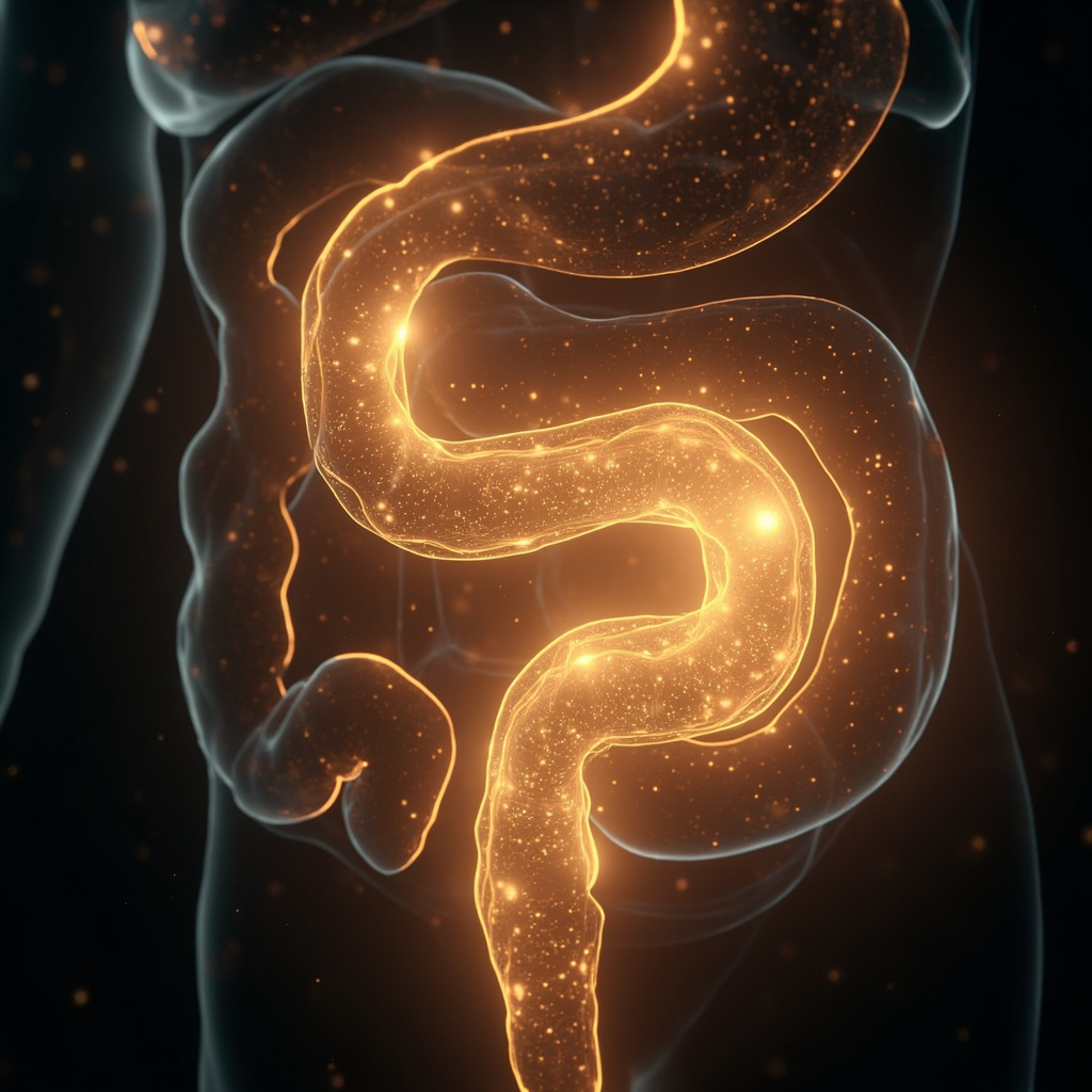 A calm, abstract visualization of a glowing, rhythmic digestive pathway flowing with light, representing internal balance and energy, professional and scientific aesthetic.