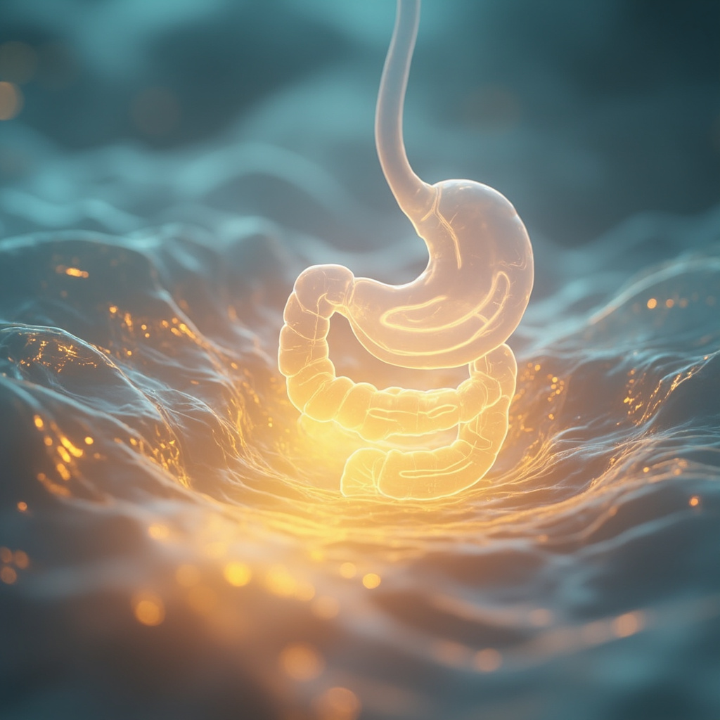 A serene, abstract visualization of a calm, glowing human digestive tract surrounded by soft, harmonious light waves, representing energetic balance and healing.