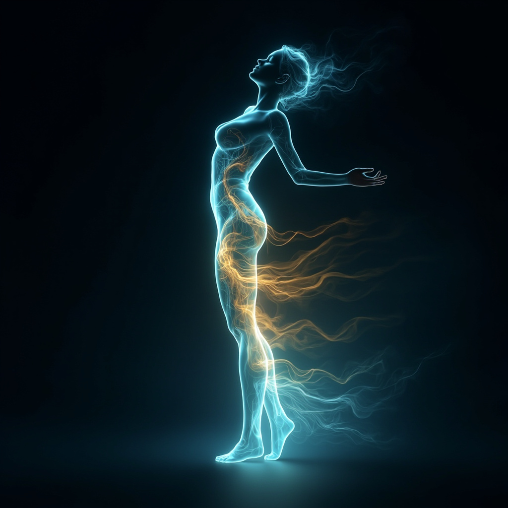 A serene, abstract visualization of a glowing, rhythmic energy flow moving through a human silhouette, soft blue and golden light, minimalist style.