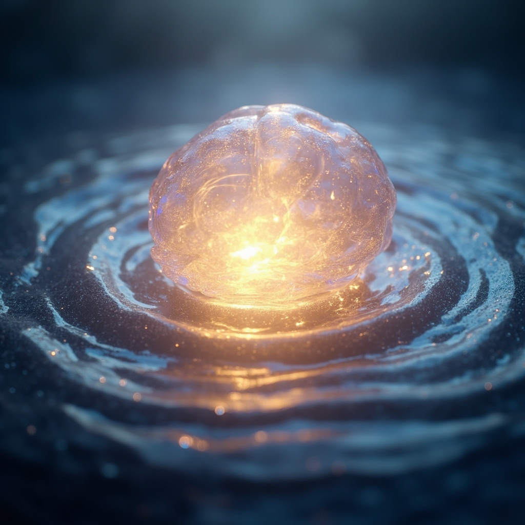 A serene, abstract visualization of a glowing, balanced light structure at the center of the brain, surrounded by soft, harmonious waves of energy.