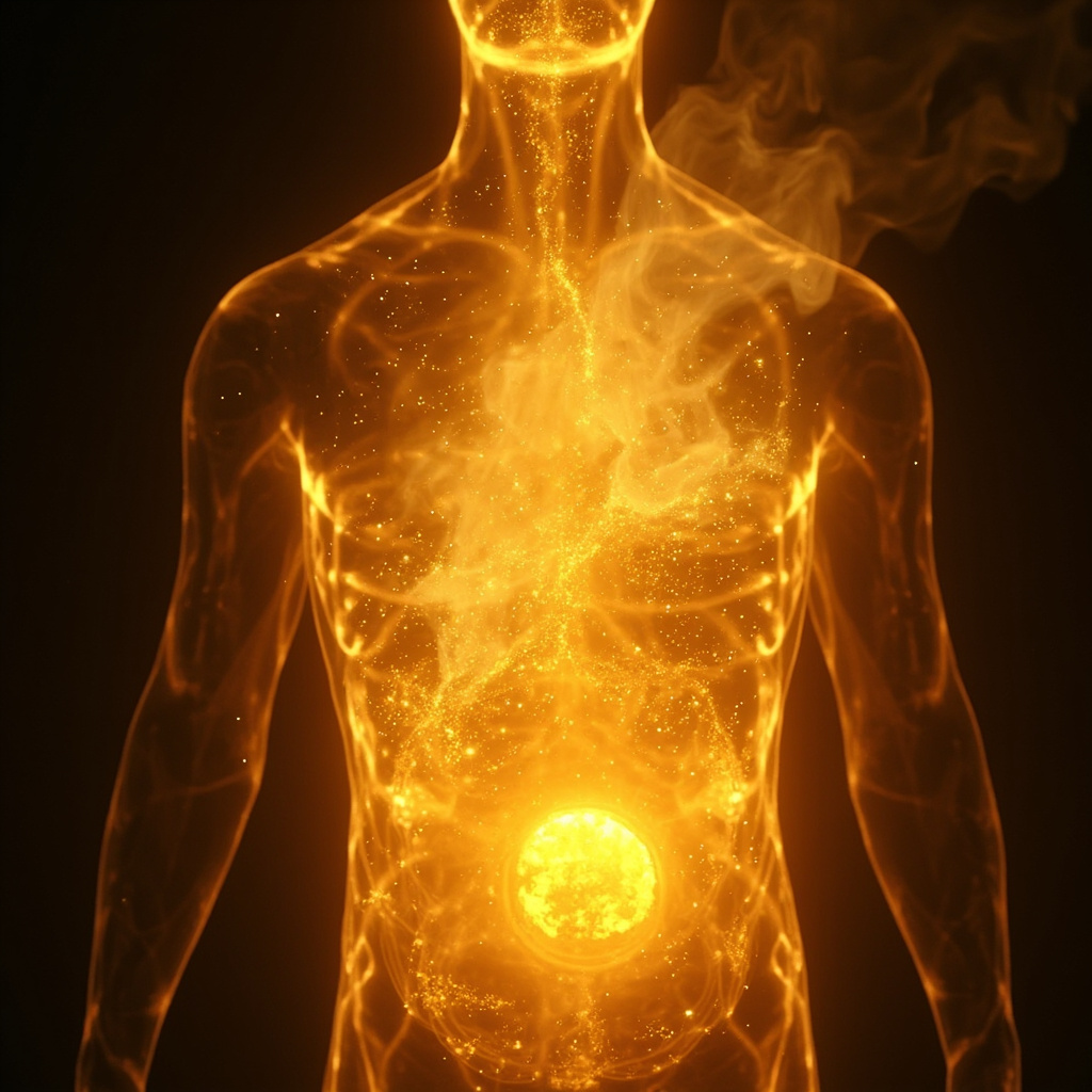 A serene, abstract visualization of glowing golden energy radiating from the center of the abdomen, symbolizing the Spleen Chakra in a state of perfect harmony.