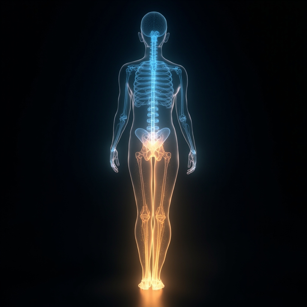 A serene, abstract visualization of glowing energy pathways tracing the human back and legs, transitioning from cool blue tones to warm, grounding light.