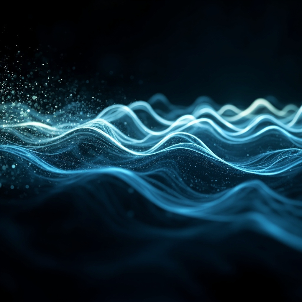A serene, abstract visualization of glowing, orderly light waves transitioning from chaotic high-frequency static into smooth, harmonious patterns, professional and calming aesthetic.