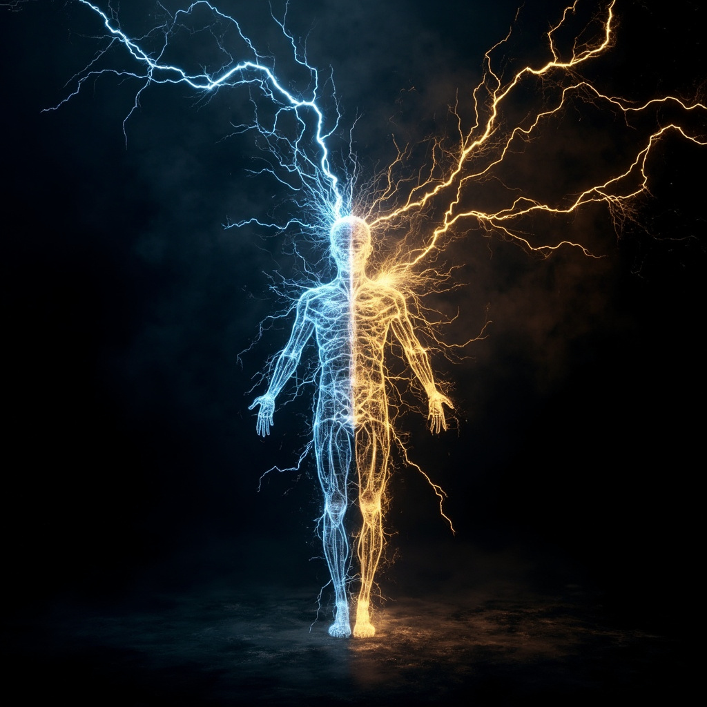 A high-quality, abstract visualization of a human silhouette with glowing, harmonious golden neural pathways transitioning from chaotic blue electrical sparks to a calm, balanced light.
