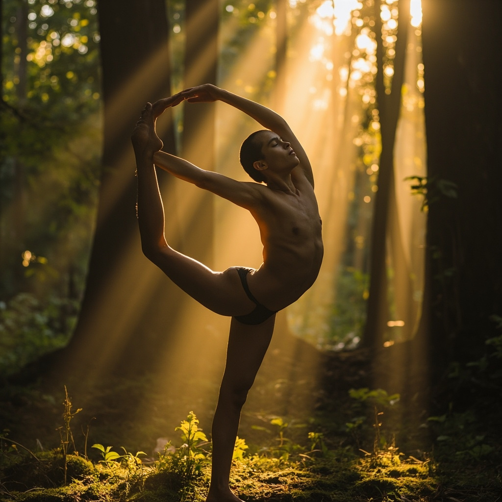 A high-quality, artistic photograph of a person in a calm, balanced yoga pose in a sunlit, natural forest setting, emphasizing the concepts of flexibility, strength, and flow in the body.
