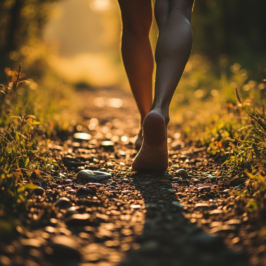 A high-quality, serene photograph of a person walking on a natural path, focusing on the connection between the feet and the ground, highlighting balance and stability.
