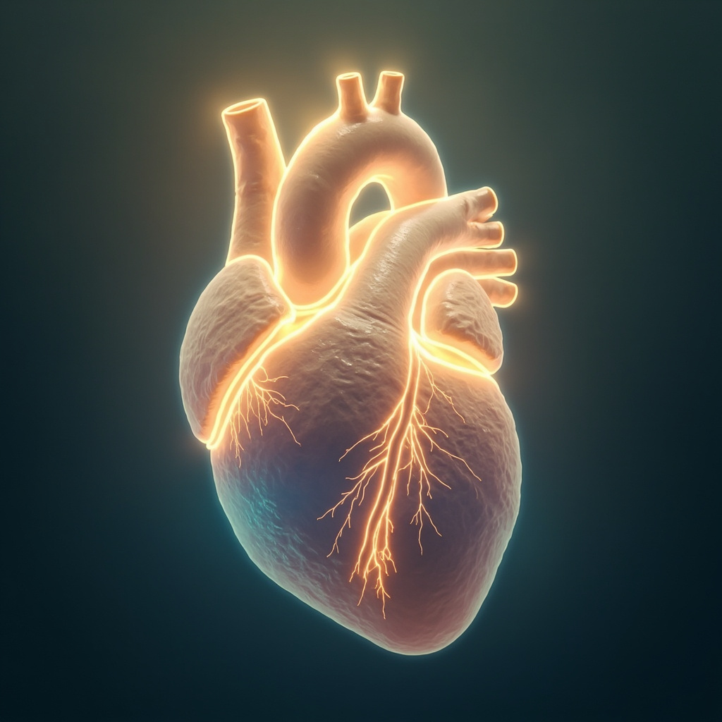 A soft, artistic illustration of the heart with glowing, rhythmic light waves circulating through the upper left chamber, symbolizing flow, openness, and emotional balance.