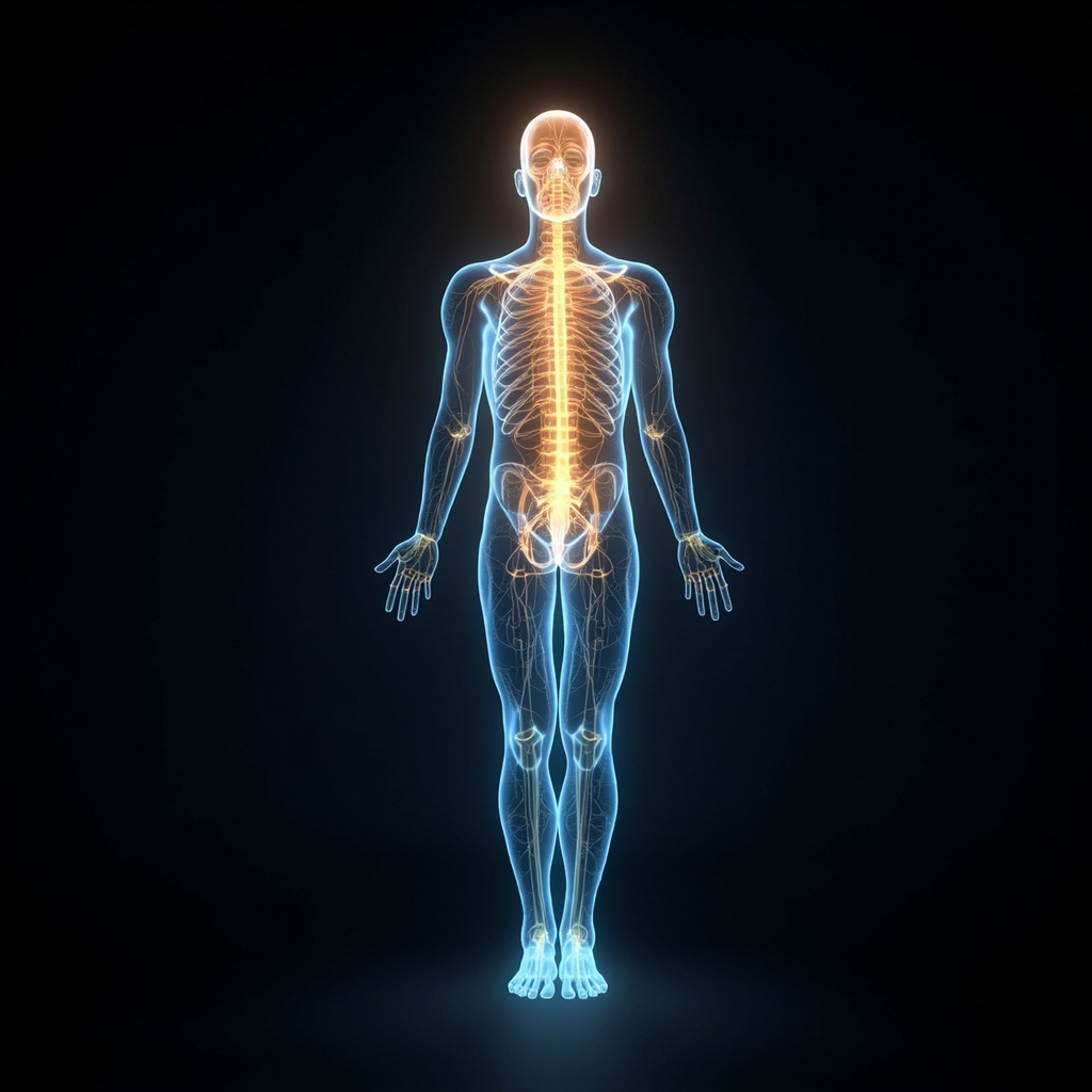 A high-quality, serene illustration showing a glowing, gentle network of nerves inside a human silhouette, with soft blue and gold light flowing through the spinal area to represent circulation and balance.