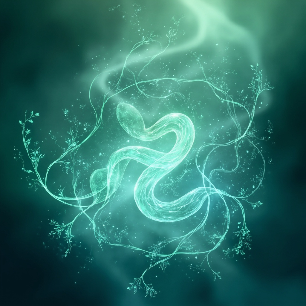 A serene, abstract digital illustration showing the connection between the human gut, energy flow, and nature, using soft blue and green tones to represent balance and healing.