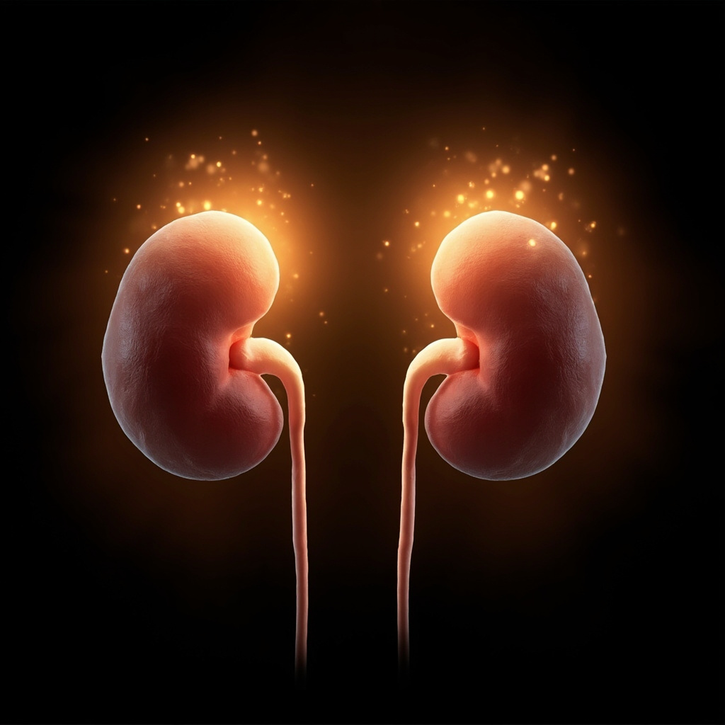 A high-quality, serene illustration of the human adrenal glands resting on top of the kidneys, glowing with soft, harmonious light to represent energy and balance.