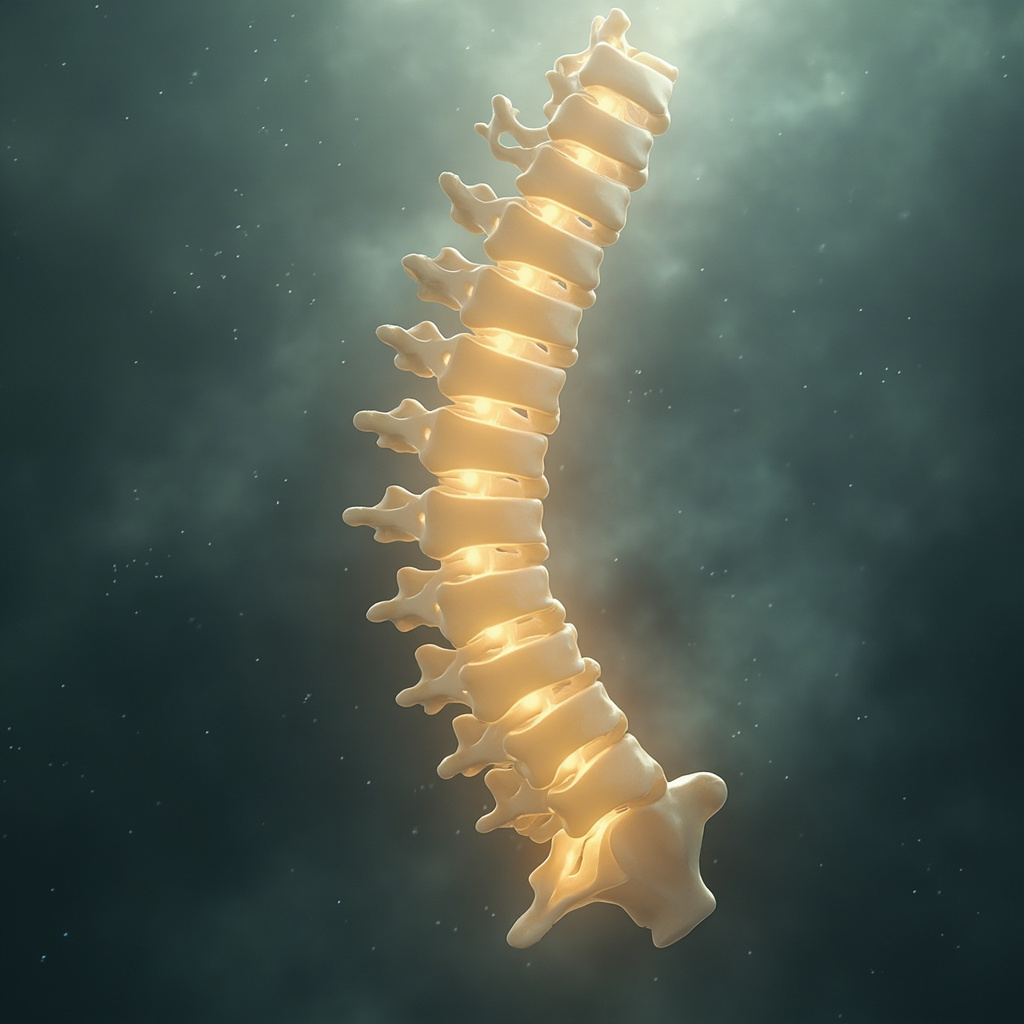 A high-quality, calm illustration of a human spine with a glowing, soft light highlighting the T6 thoracic vertebra in the mid-back, set against a background of soft, abstract neural network patterns.