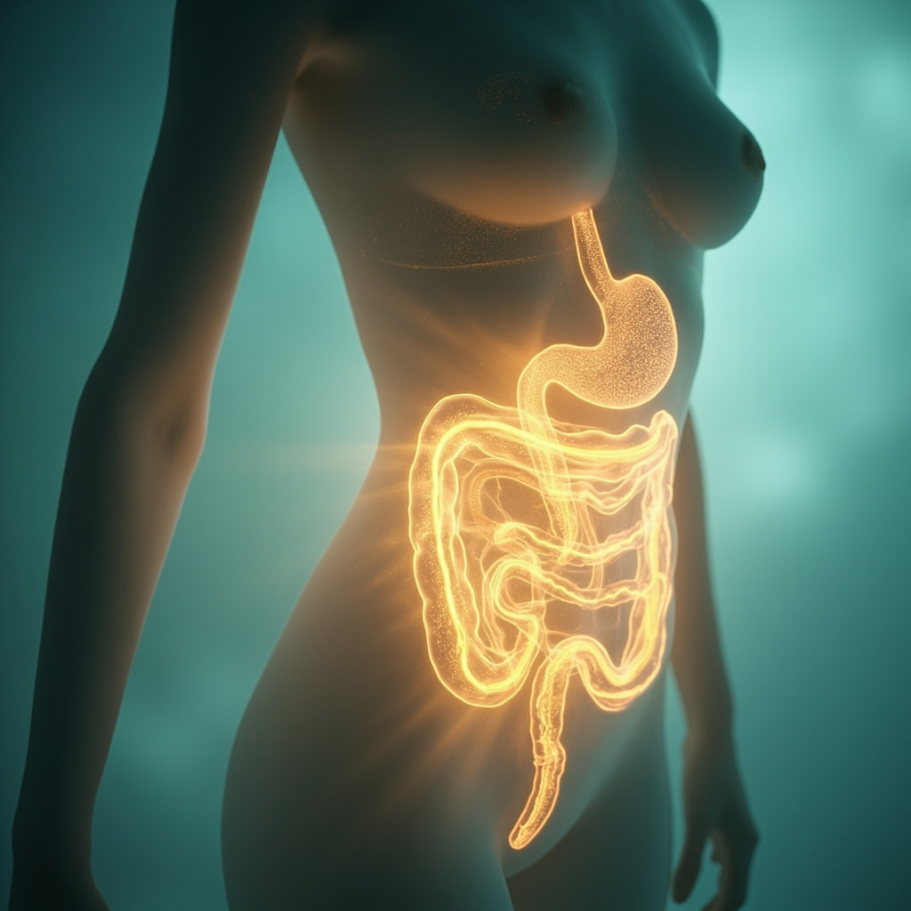 A serene, abstract illustration showing a glowing, rhythmic wave pattern flowing through a soft-focus anatomical silhouette of the human midsection, representing the gentle movement of the digestive tract.