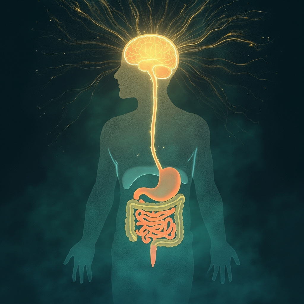A calming, artistic illustration of the gut-brain axis, showing a soft, glowing light connecting the digestive system to the head, representing harmony, balance, and the flow of energy throughout the body.