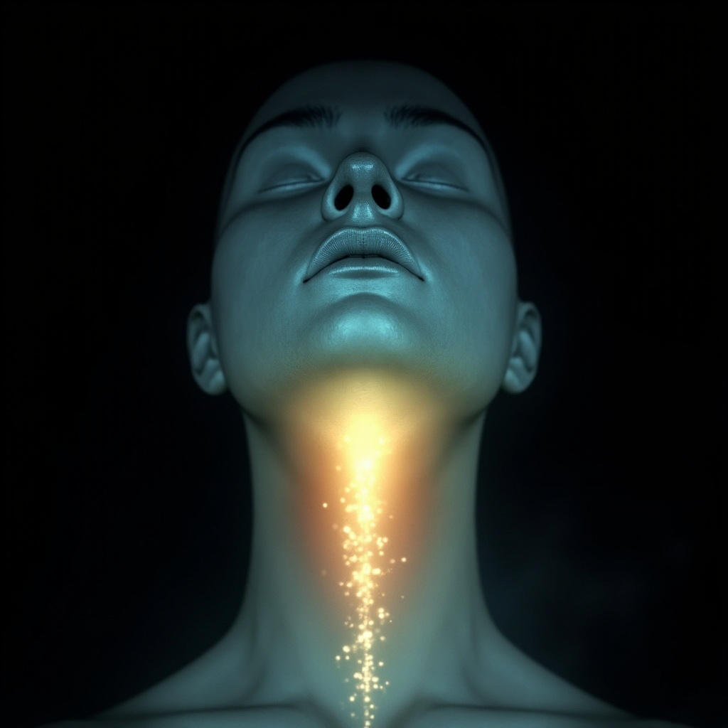 A serene, artistic illustration of a human throat glowing with soft, harmonious light, representing the balance of energy and physical tissue.