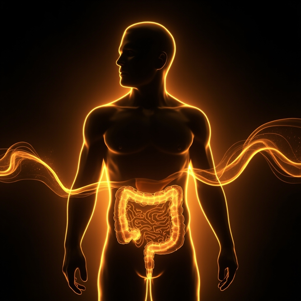 A serene, abstract digital illustration showing glowing, harmonious golden light waves interacting with a silhouette of the human digestive system, representing balance, frequency, and biological harmony.