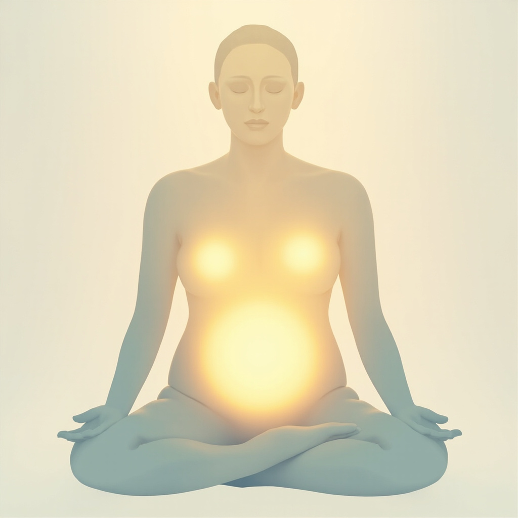 A serene, minimalist illustration of a person sitting in a relaxed posture with a soft, glowing light centered around the abdomen, representing digestive calm and internal balance.