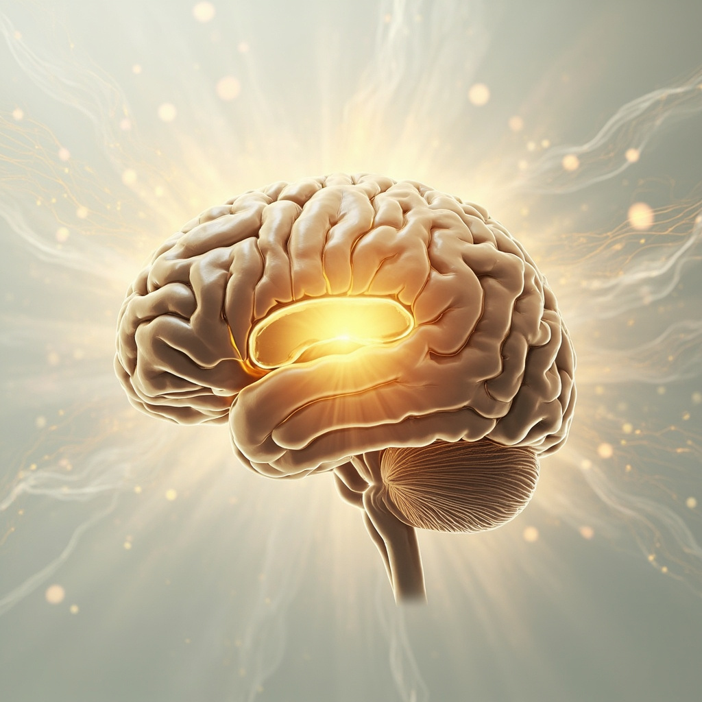 A high-quality, serene illustration of the human brain with a glowing, golden light emanating from the base, representing the pituitary gland, surrounded by soft, harmonious wave patterns, professional medical art style.