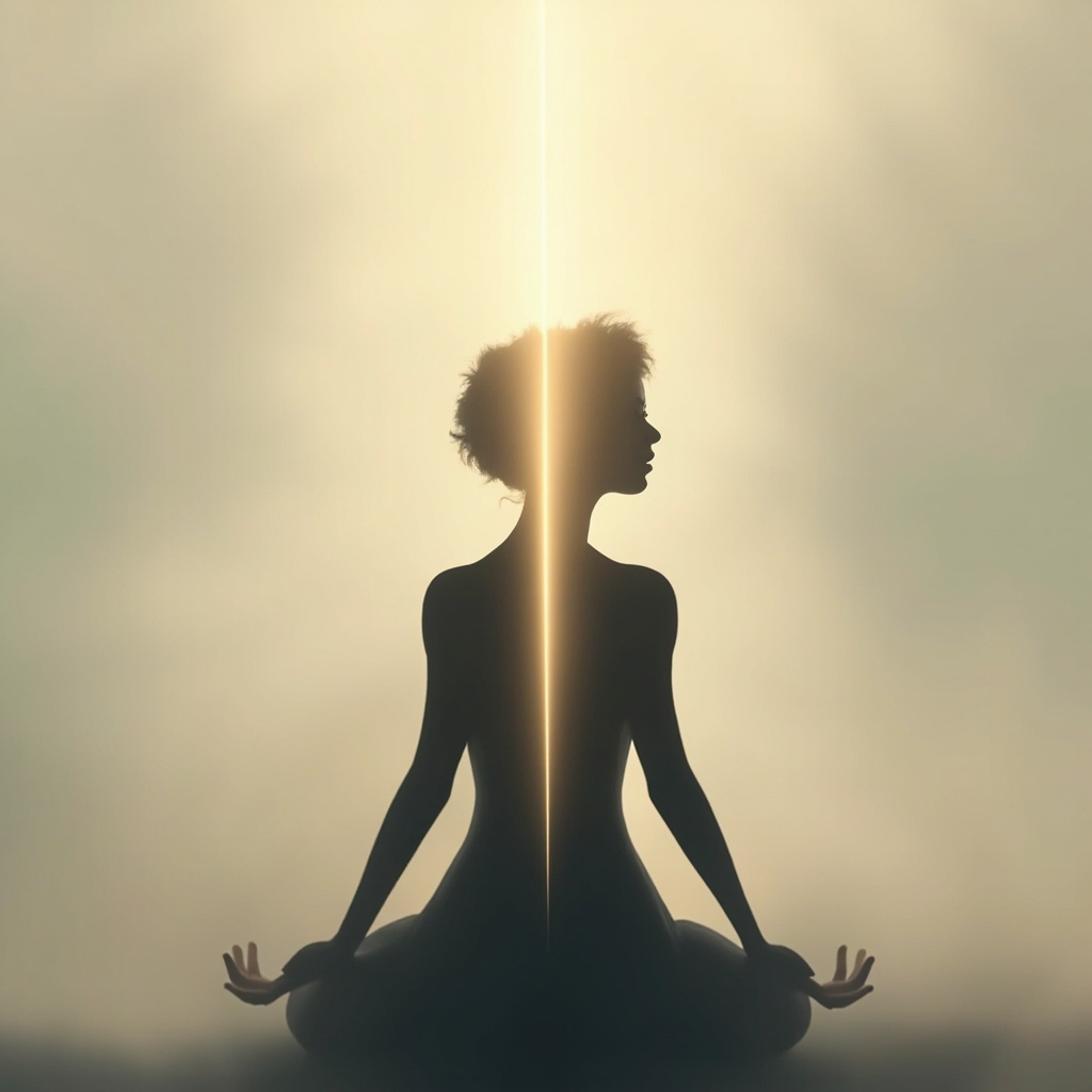 A high-quality, serene illustration of a human silhouette with a glowing, harmonious light centered at the base of the skull, representing the cerebellum as a balanced energy hub.